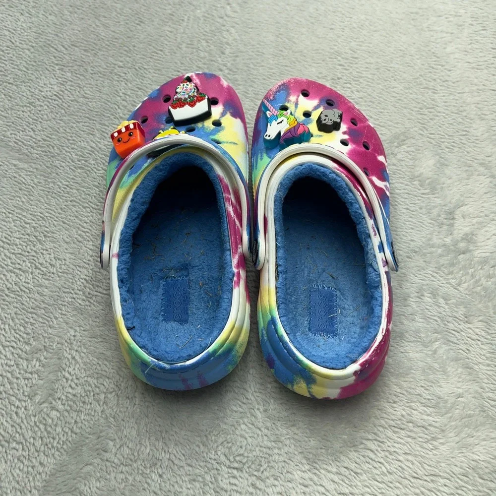 Kids Crocs Lined Tie Dye Clogs Size 13 with Charms Unicorn Chicken Cake